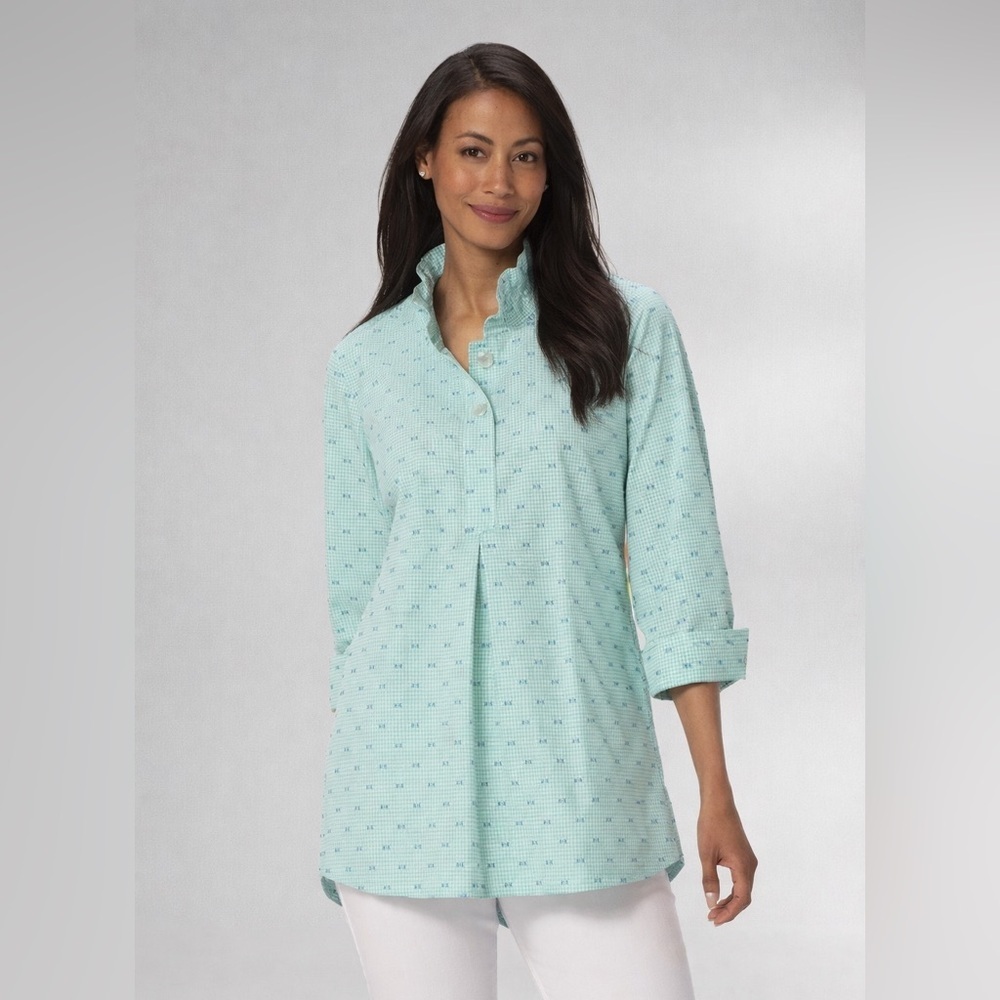 Seersucker Tunic Teal White with navy polka dot Ruffle Collar - Picture 1 of 6